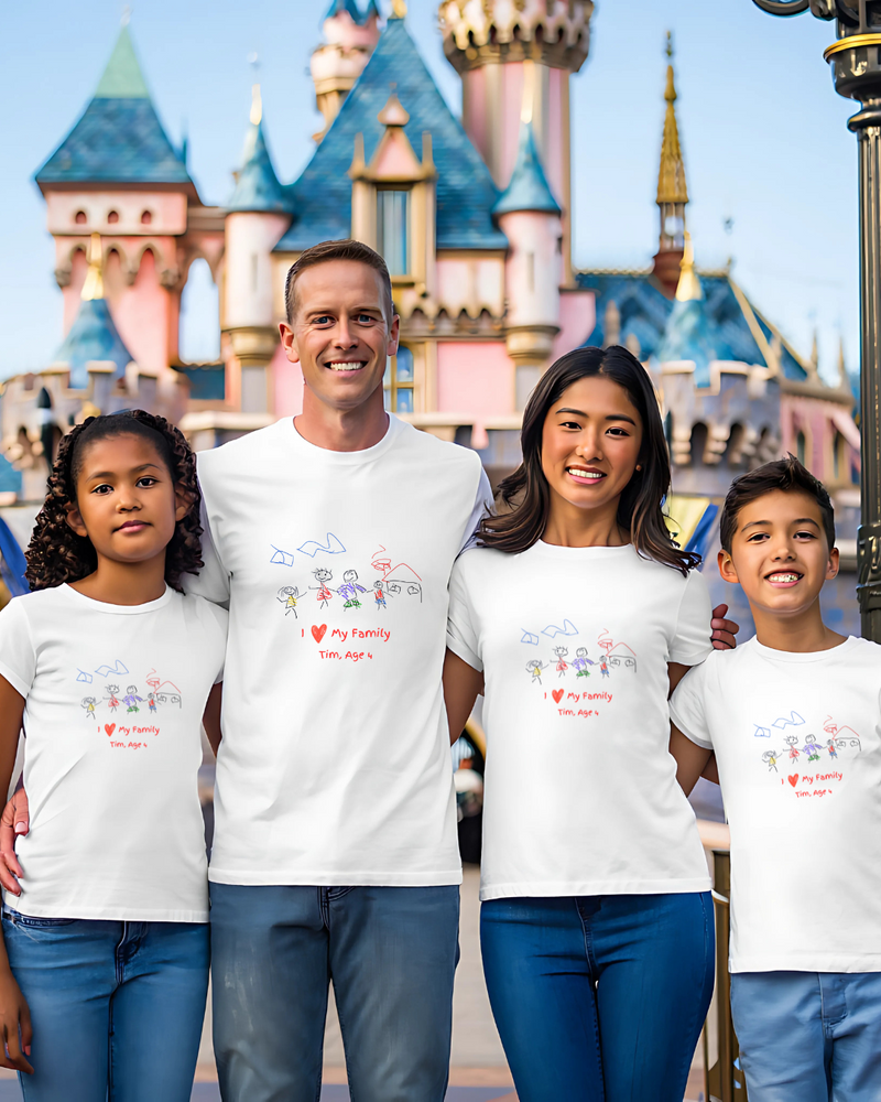 “Matching t-shirts for mom, dad, and child printed with kid’s drawing — custom family outfit”  “Family hoodie set featuring hand-drawn art — custom gift idea”  “Parent-baby matching shirt and onesie with child’s crayon artwork”