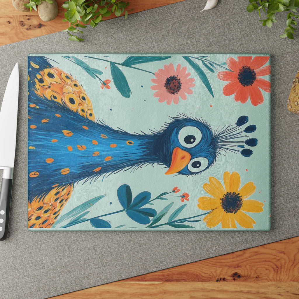 Colorful Peacock Glass Cutting Board - Vibrant Kitchen Decor, Unique Housewarming Gift