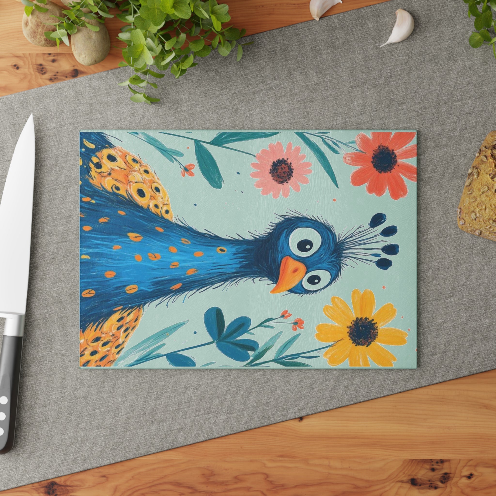 Colorful Peacock Glass Cutting Board - Vibrant Kitchen Decor, Unique Housewarming Gift
